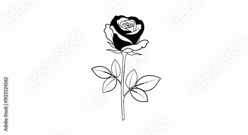 A black and white graphic of a single rose with leaves on a white background
