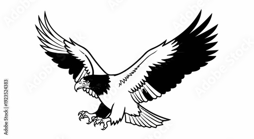 A black and white illustration of a bird of prey in flight