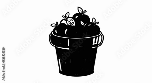 A black and white illustration of a bucket overflowing with ripe apples