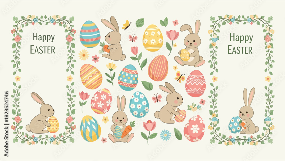 Fototapeta premium Delightful Easter Illustration Set Adorable Bunnies, Ornate Eggs, and Charming Spring Floral Elements for Holiday Celebrations and Creative Projects Concept
