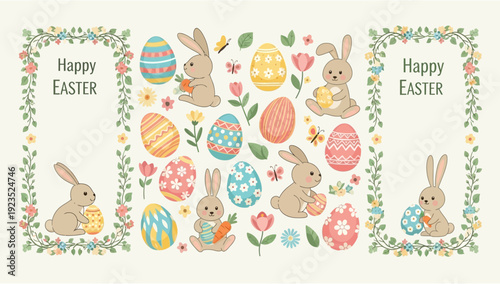 Delightful Easter Illustration Set Adorable Bunnies, Ornate Eggs, and Charming Spring Floral Elements for Holiday Celebrations and Creative Projects Concept