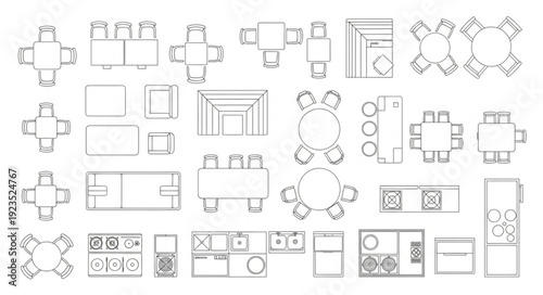 Top-down view of various furniture layouts for interior design and architectural planning.