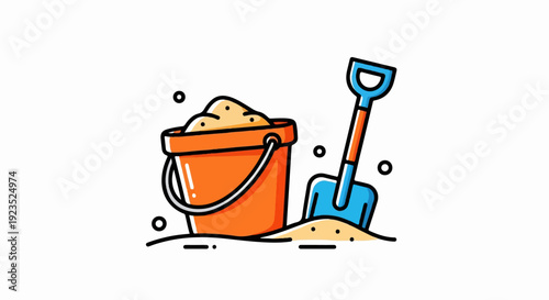 A bright, cartoon-style illustration of a sand bucket and shovel on a beach