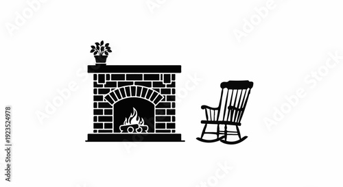 A simple black and white graphic of a fireplace with flames and a potted plant next to a rocking chair