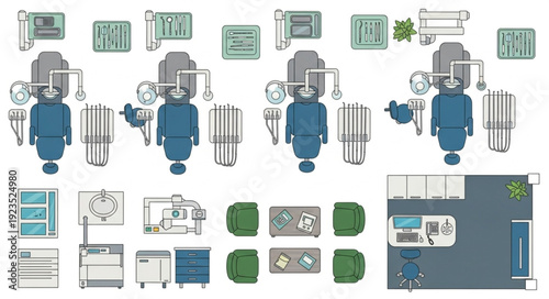 Dental clinic equipment arrangement, overhead view, medical instruments, patient chairs, and tools.