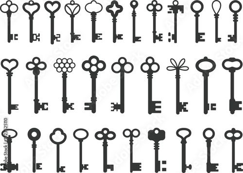 Ornate vintage skeleton keys collection, antique decorative key silhouettes set isolated on white background classic locksmith vector illustration