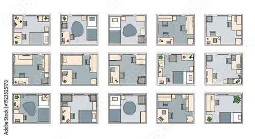 Detailed architectural floor plans showcasing various room layouts and interior designs for residential spaces.