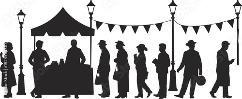Outdoor street market silhouette with shoppers and vendor stall, urban fair scene vector illustration isolated on white background