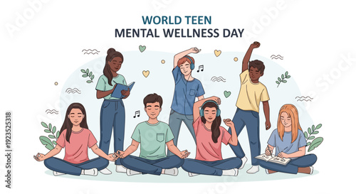 Illustration of diverse teens practicing mindfulness and wellness on World Teen Mental Wellness Day with a calming background.