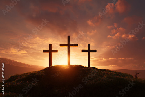 Three crosses are on a hill with the sun shining on them