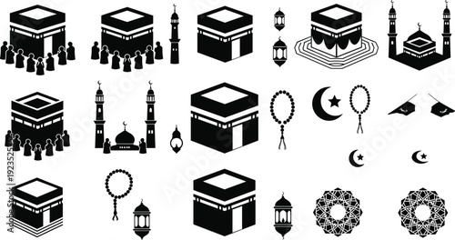 Islamic icon set featuring Kaaba Mecca pilgrims mosque minaret lantern crescent moon and prayer beads for Hajj and Ramadan designs