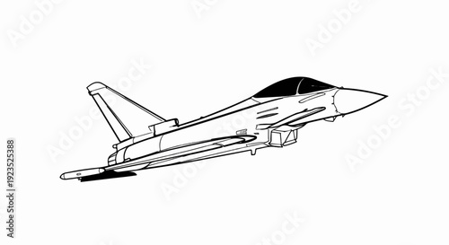 A detailed black and white line drawing of a modern jet fighter aircraft