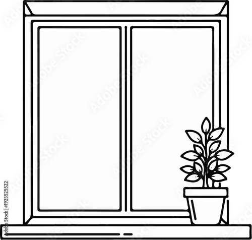 A simple black and white drawing of a window with a potted plant on the sill