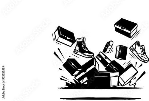 A chaotic scattering of footwear and boxes against a white background