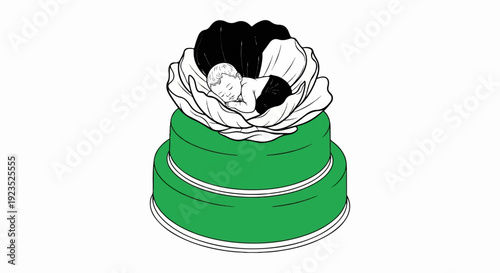 A sleeping infant rests inside a flower atop a two-tiered green cake