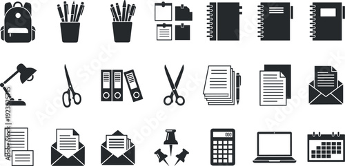 Comprehensive office and school supply icons including backpack desk lamp calendar files envelopes and notebooks for academic and corporate organization projects