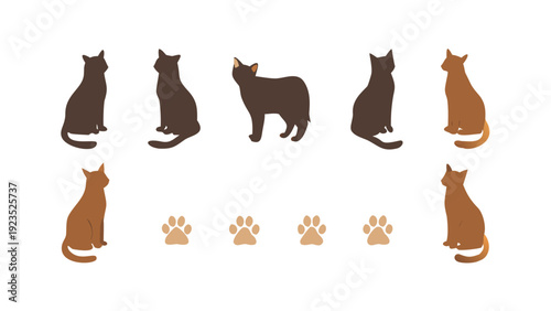 Cute Flat Vector Illustration of Assorted Cats and Playful Paw Prints Design Elements