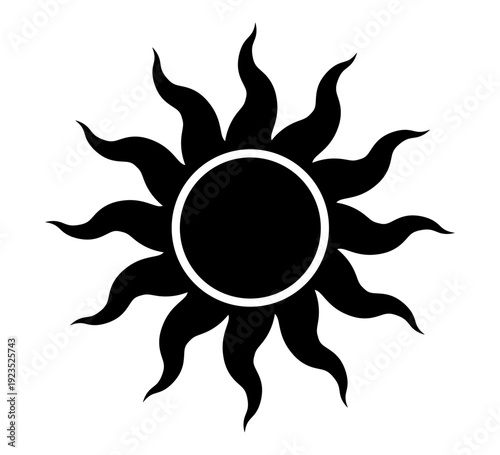 Tribal gothic sun symbol. Tattoo design. Star graphic geometric shape. Mystic black sun icon. Traditional ethnic art design element. Vector illustration isolated on white background.