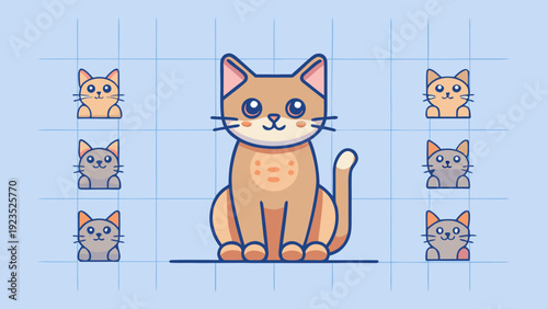 Cute Cartoon Cat Character Collection with Kawaii Style Animals on Grid Background Illustration