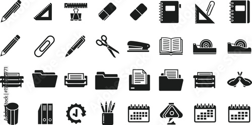 Large set of office tool icons featuring rulers pencils erasers paperclips tape dispensers folders and calendars for administrative and educational supply themes