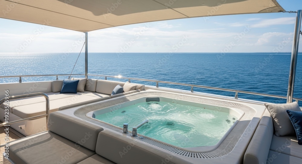 Fototapeta premium Luxurious Yacht Jacuzzi Overlooking the Vast Ocean Under a Clear Blue Sky