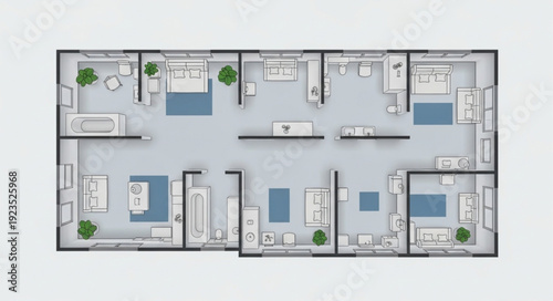 Detailed architectural floor plan showcasing multiple bedrooms and bathrooms with furniture arrangements.