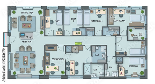 Detailed architectural floor plan showcasing office spaces and various rooms with furniture arrangements.