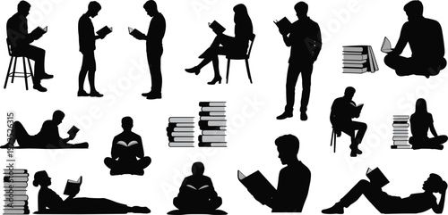 People reading books silhouettes collection, students studying in various poses isolated on white background, education knowledge concept set