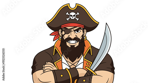 Tough pirate captain with a thick black beard and an eyepatch stands with crossed arms and a sharp cutlass sword.