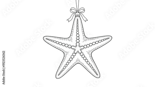 Hand-drawn starfish Christmas ornament with decorative beads and a ribbon bow hanging from a string on a white background.