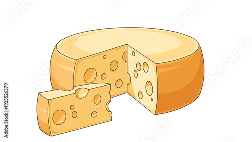 Large round wheel of Swiss cheese with holes and a smaller wedge cut out showing the internal texture on a white background.