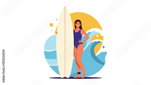 Woman in a blue swimsuit holding a surfboard in front of crashing ocean waves and a large golden sun in a flat illustration.