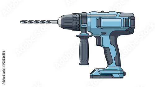 Handheld blue cordless power drill with a black handle and a drill bit attached illustrated in a clean technical style.