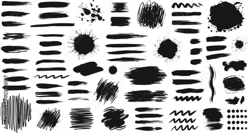 Diverse collection of thick black paint brush strokes with zig zag lines ink splatters and hand drawn patterns for abstract artistic layouts
