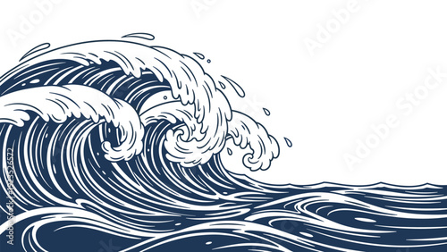 Stylized illustration of powerful dark blue ocean waves crashing with white foam against a bright white background.