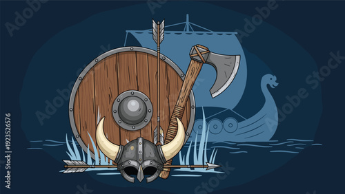 Collection of Viking equipment including a round wooden shield, horned helmet, axe, and arrows with a longship silhouette in the back.