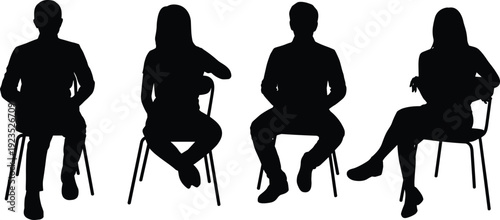 People sitting on chair silhouettes set, men and women seated in different poses isolated vector illustration