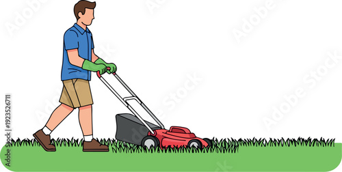 Man Pushing Lawn Mower Isolated on Transparent Background Flat 2D Vector