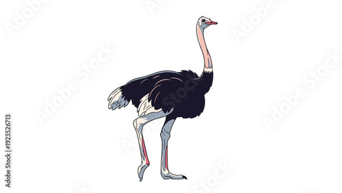 Side profile illustration of an ostrich with black feathers and a long neck standing on its powerful legs on a white background.