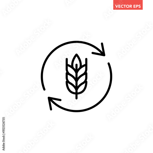 Black single agricultural sustainable farming line icon. Simple crops regeneration flat design vector pictogram, infographic interface elements for app logo web button ui ux isolated on white backgrou