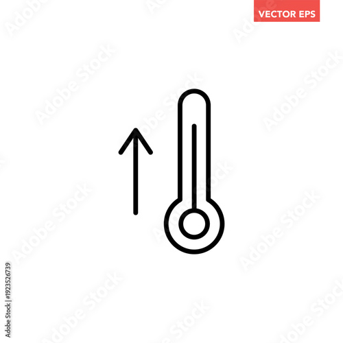Black single hot thermometer line icon, simple climate temperature up flat design vector pictogram, infographic vector for app logo web website button banner ui ux interface elements isolated on white