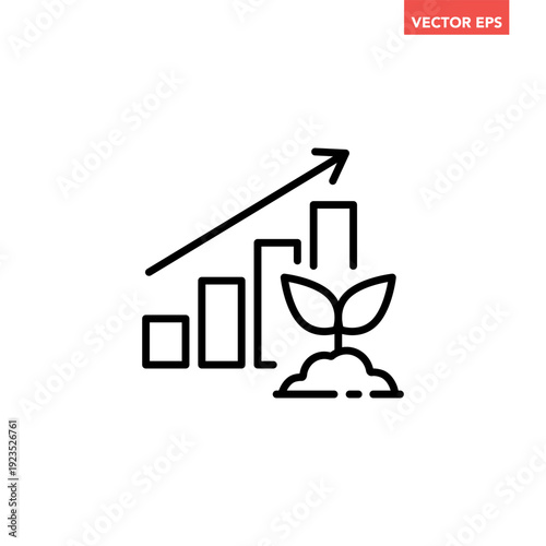 Black single growth chart with sprout line icon. Simple pole and sprout plant growth profit flat design vector pictogram, infographic interface elements for app logo web button ui ux isolated on white