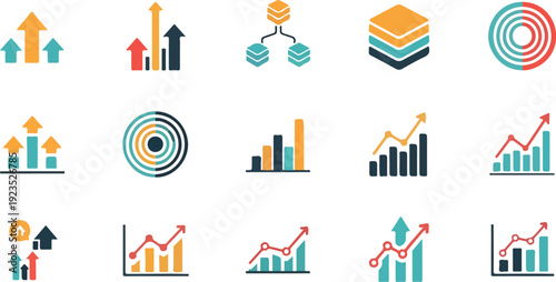 Business growth icons, colorful arrows and graphs on white