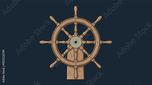 Detailed wooden ship's steering wheel with multiple handles and a central metal hub on a dark blue background.