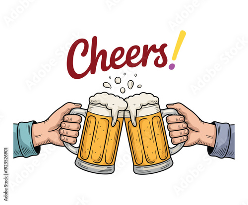 Hands clinking beer mugs with frothy heads and cheers text toast design.