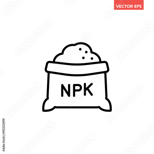 Black single NPK garden fertilizer line icon, farming plant fertilizer bag flat design vector pictogram, infographic interface element for app logo web button ui ux isolated on white background