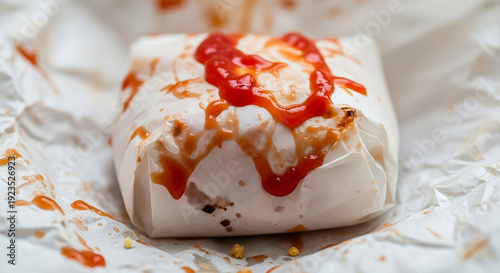 Deliciously messy burger wrapped in paper, generously drizzled with ketchup