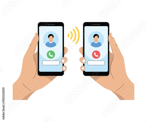 Hands holding smartphones showing incoming and outgoing calls communication connection.