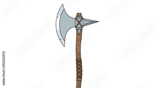 Medieval battle axe with a sharp silver blade and a textured wooden handle, a historical weapon illustration for fantasy games.