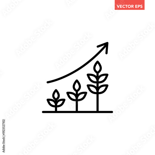 Black single growing plant line icon, simple growth stages with arrow flat design vector pictogram, infographic interface elements for app logo web button ui ux isolated on white background